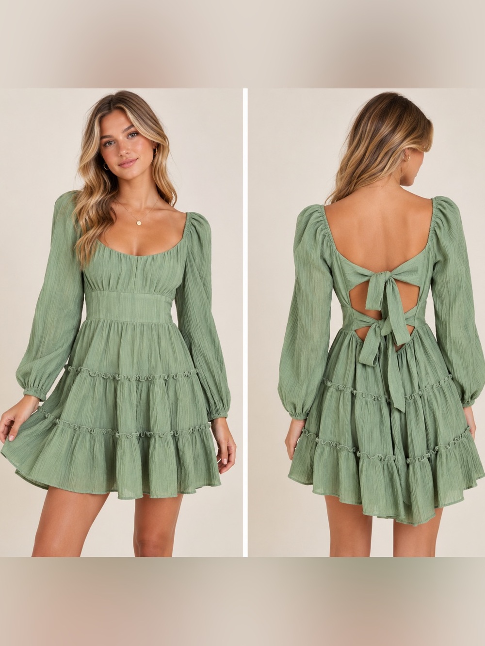Altar’d State Sage Green Tiered Mini Dress Open Tie Back Long Sleeve S